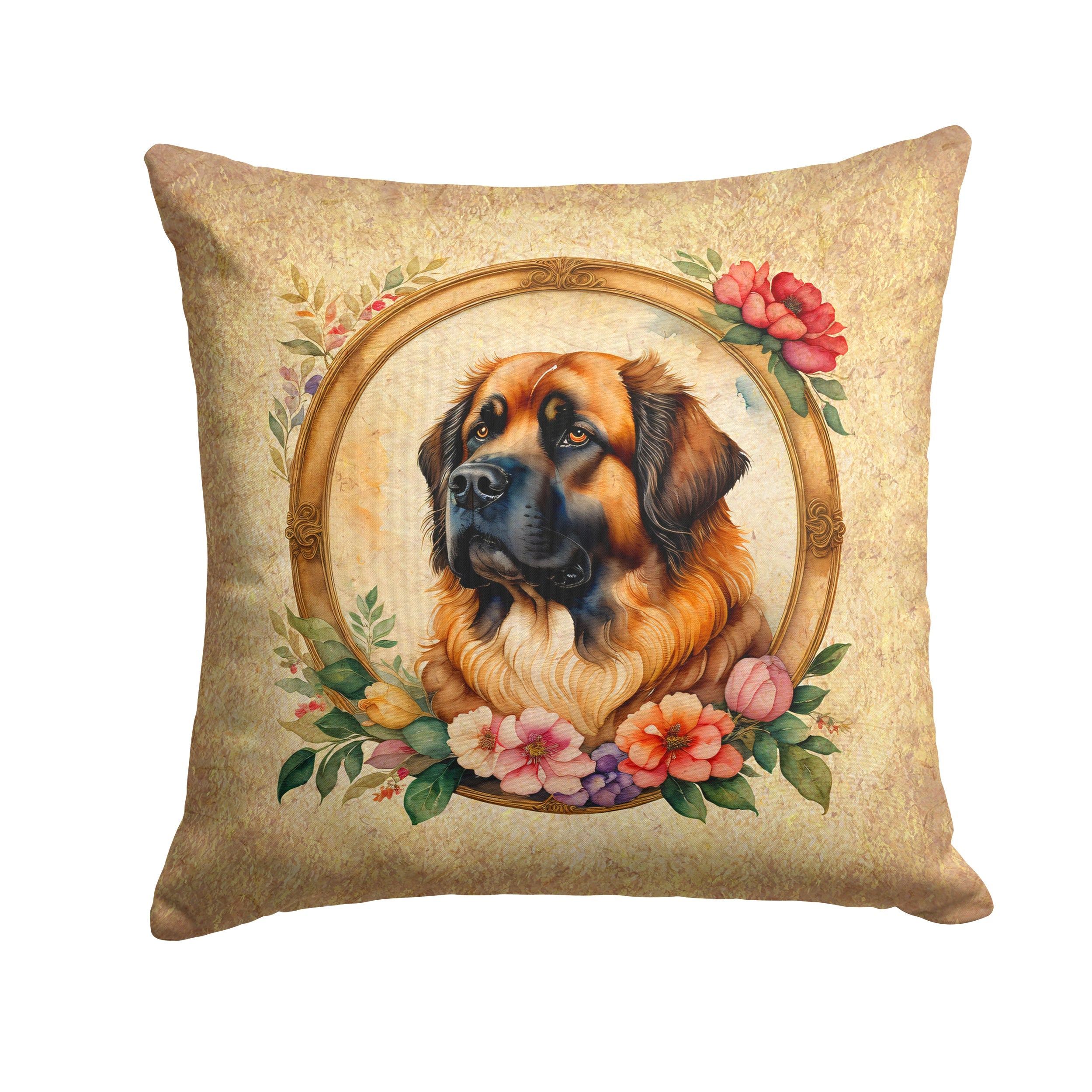 Leonberger and Flowers Decorative Throw Pillow 14x14 Indoor Outdoor Accent Cushion, Fabric Cover with Insert for Sofa, Bed, Porch & Living Room