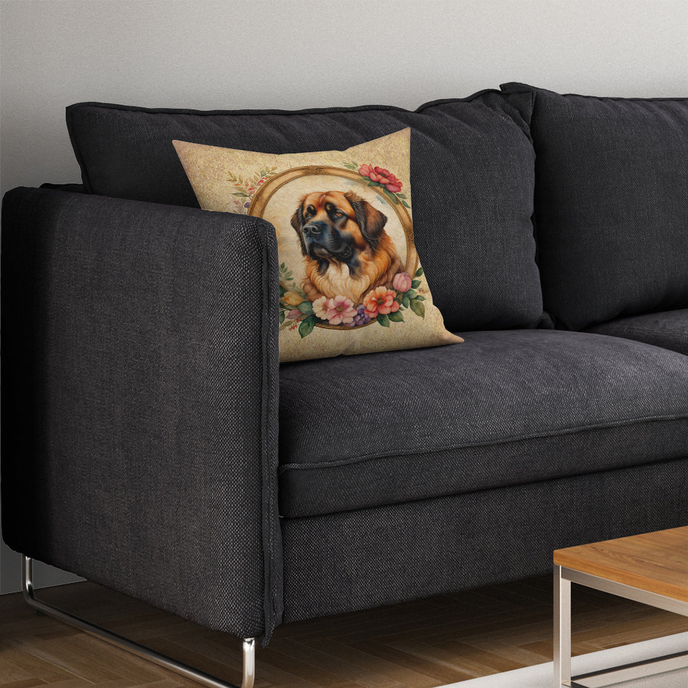 Leonberger and Flowers Decorative Throw Pillow 14x14 Indoor Outdoor Accent Cushion, Fabric Cover with Insert for Sofa, Bed, Porch & Living Room
