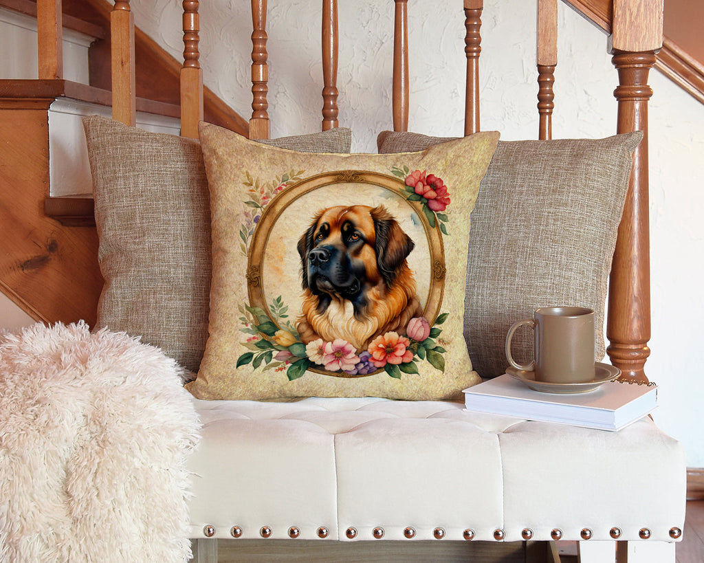 Leonberger and Flowers Decorative Throw Pillow 14x14 Indoor Outdoor Accent Cushion, Fabric Cover with Insert for Sofa, Bed, Porch & Living Room