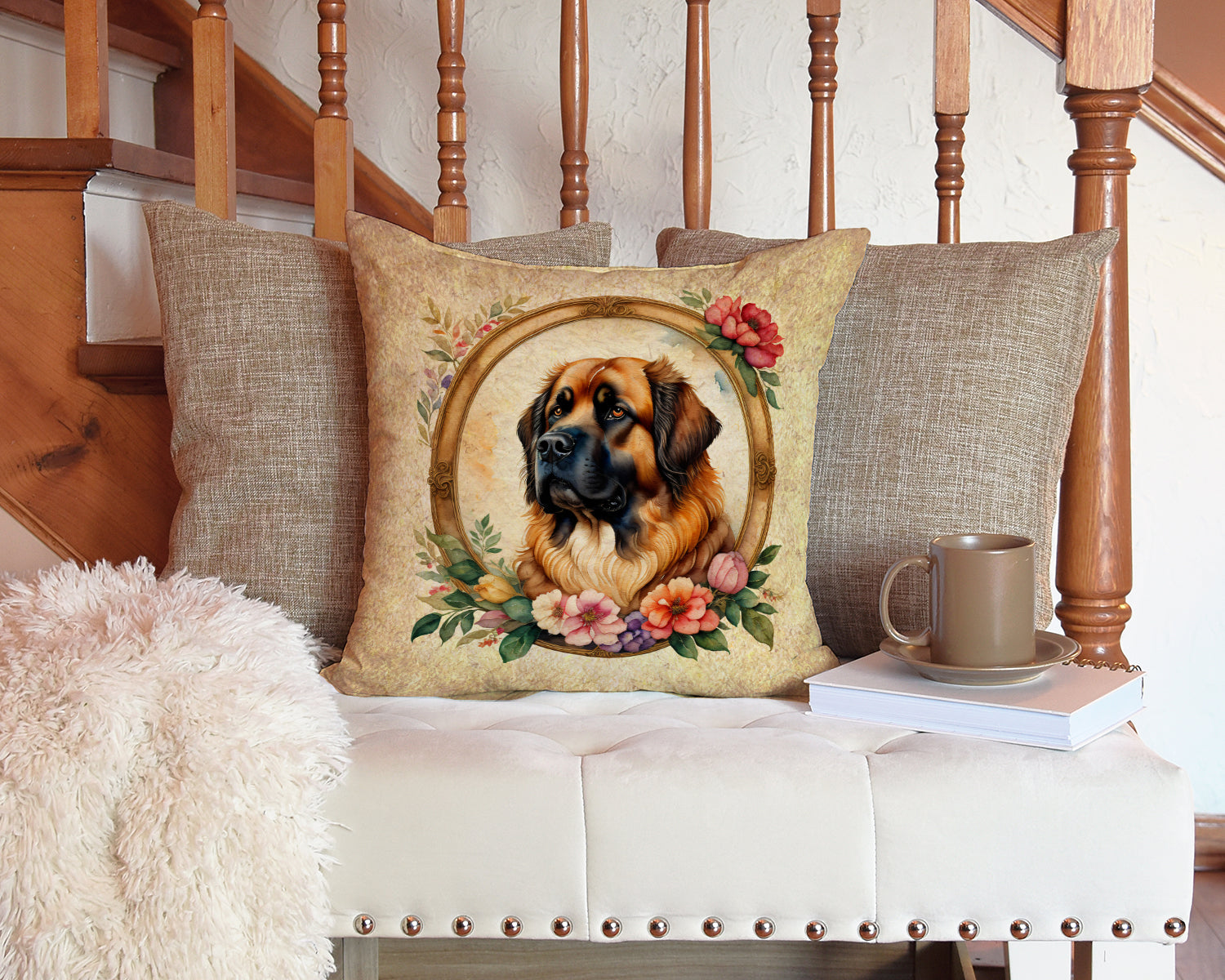 Leonberger and Flowers Decorative Throw Pillow 14x14 Indoor Outdoor Accent Cushion, Fabric Cover with Insert for Sofa, Bed, Porch & Living Room