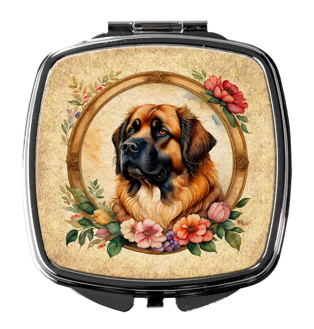 Leonberger and Flowers Compact Mirror Decorative Travel Makeup Mirror for Women Girls Gifts Pocket Makeup Mirror Folding Handheld