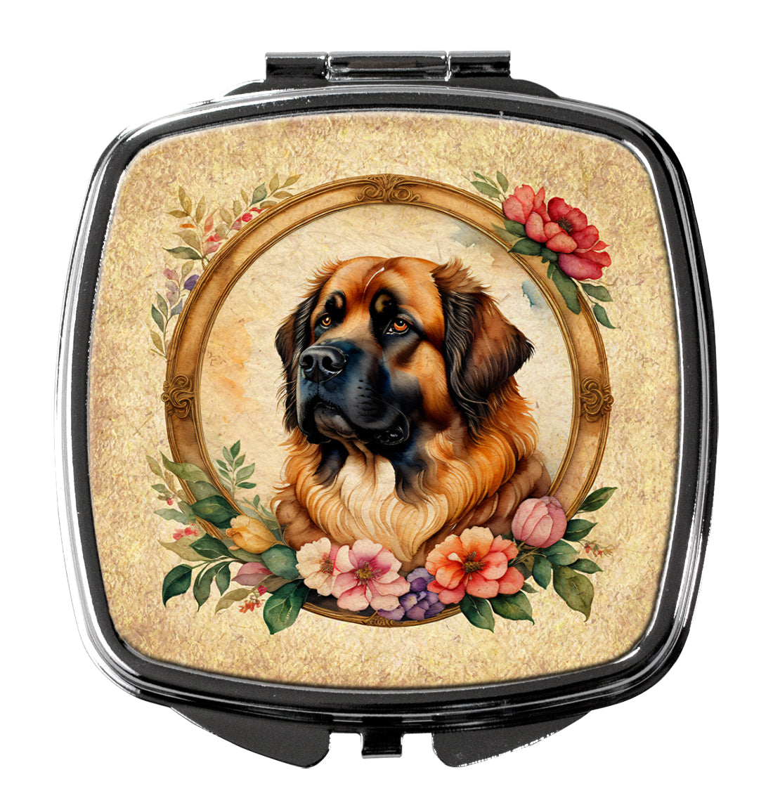 Leonberger and Flowers Compact Mirror Decorative Travel Makeup Mirror for Women Girls Gifts Pocket Makeup Mirror Folding Handheld