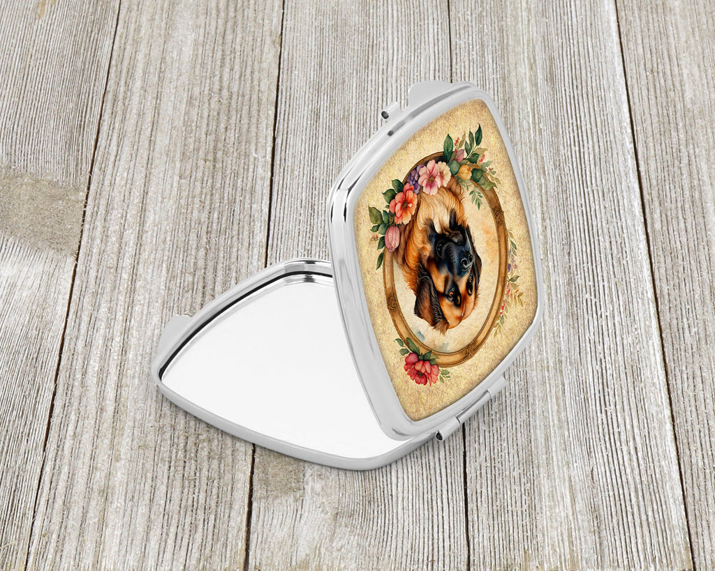 Leonberger and Flowers Compact Mirror Decorative Travel Makeup Mirror for Women Girls Gifts Pocket Makeup Mirror Folding Handheld