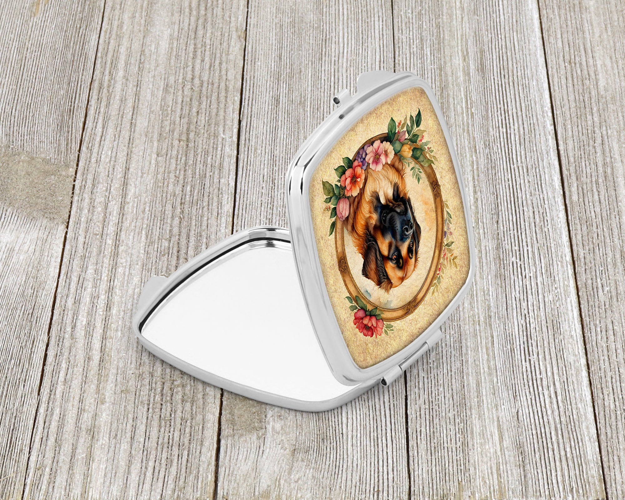 Leonberger and Flowers Compact Mirror Decorative Travel Makeup Mirror for Women Girls Gifts Pocket Makeup Mirror Folding Handheld