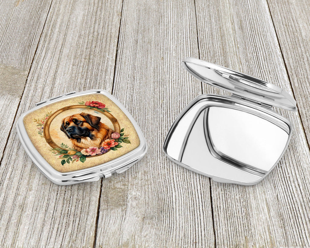 Leonberger and Flowers Compact Mirror Decorative Travel Makeup Mirror for Women Girls Gifts Pocket Makeup Mirror Folding Handheld