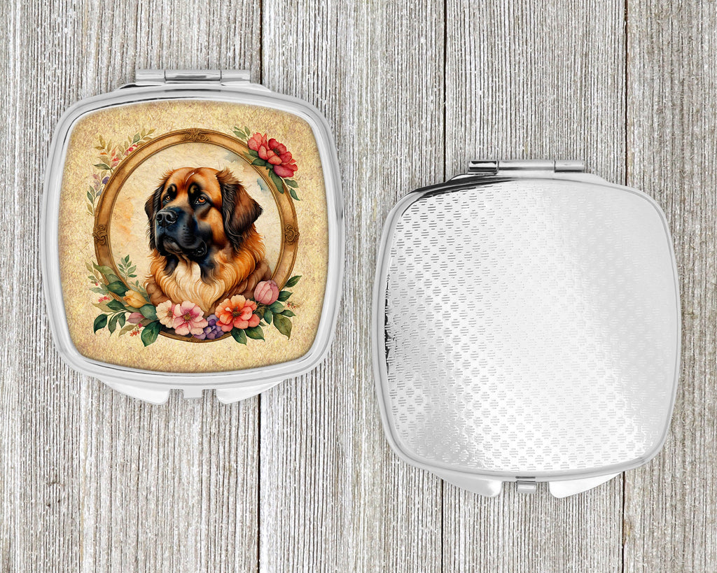 Leonberger and Flowers Compact Mirror Decorative Travel Makeup Mirror for Women Girls Gifts Pocket Makeup Mirror Folding Handheld