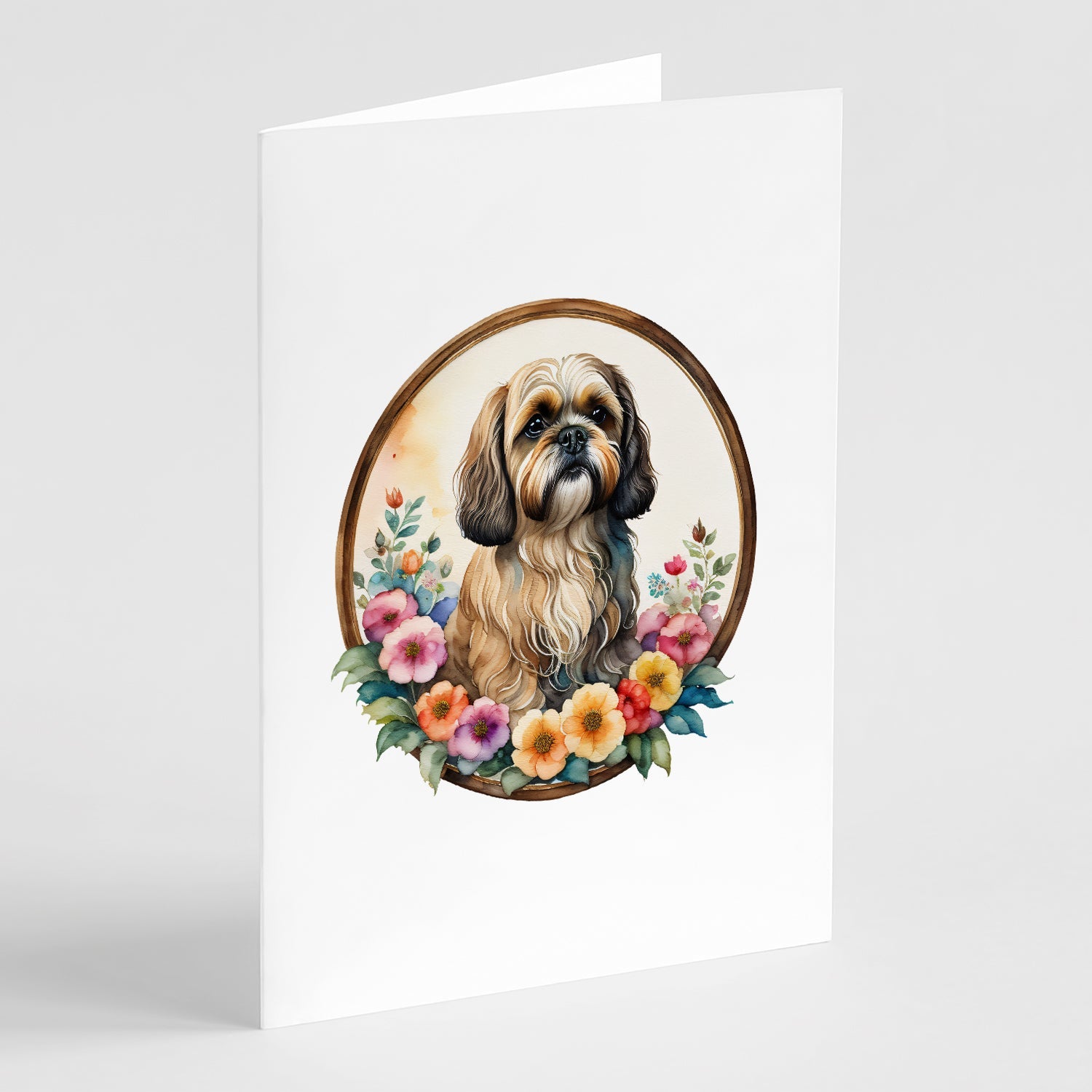Lhasa Apso and Flowers Greeting Cards Pack of 8 Blank Cards with Envelopes Whimsical A7 Size 5x7
