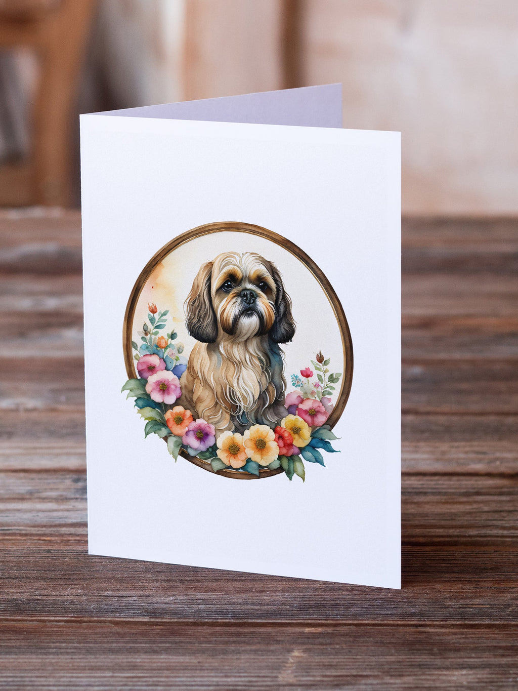 Lhasa Apso and Flowers Greeting Cards Pack of 8 Blank Cards with Envelopes Whimsical A7 Size 5x7