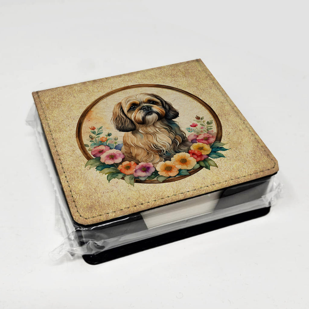 Lhasa Apso and Flowers PU Leather Note Paper Holder with Artist-Designed Cover, Desk Accessory, Office Gift