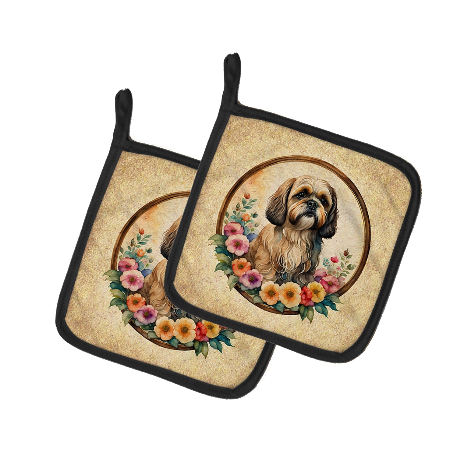 Lhasa Apso and Flowers Pot Holder Set of 2 Heat Resistant Quilted Hot Pads 7.5 x 7.5 Inch, Insulated Kitchen Trivets for Cooking & Baking