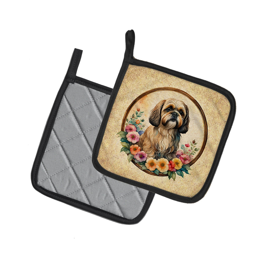 Lhasa Apso and Flowers Pot Holder Set of 2 Heat Resistant Quilted Hot Pads 7.5 x 7.5 Inch, Insulated Kitchen Trivets for Cooking & Baking