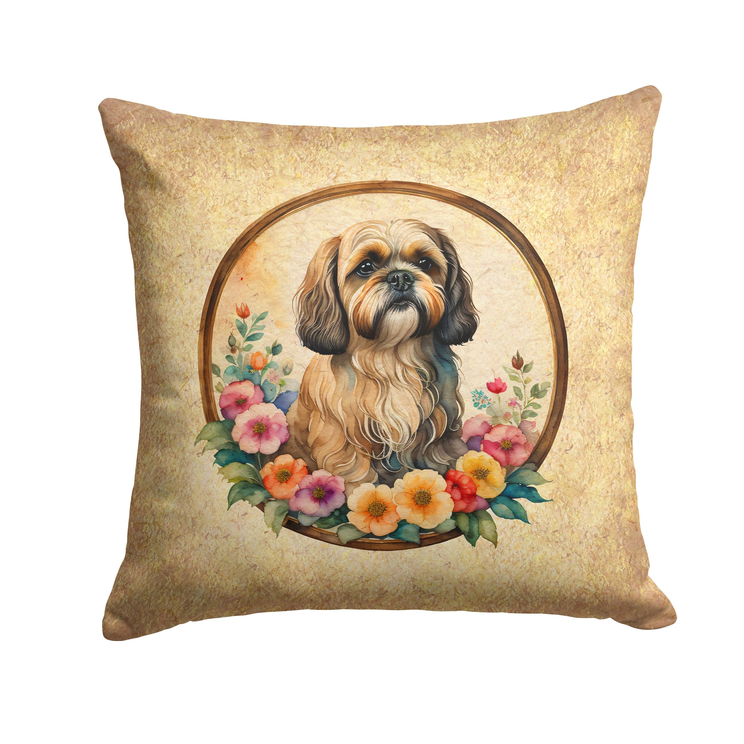 Lhasa Apso and Flowers Decorative Throw Pillow 14x14 Indoor Outdoor Accent Cushion, Fabric Cover with Insert for Sofa, Bed, Porch & Living Room
