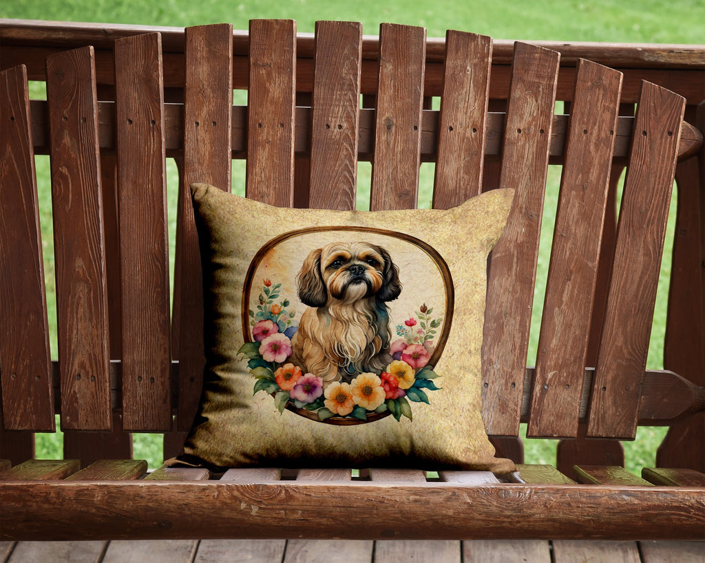 Lhasa Apso and Flowers Decorative Throw Pillow 14x14 Indoor Outdoor Accent Cushion, Fabric Cover with Insert for Sofa, Bed, Porch & Living Room