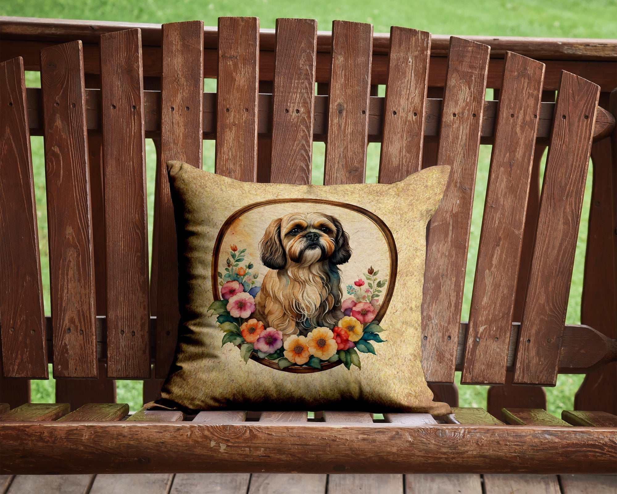Lhasa Apso and Flowers Decorative Throw Pillow 14x14 Indoor Outdoor Accent Cushion, Fabric Cover with Insert for Sofa, Bed, Porch & Living Room