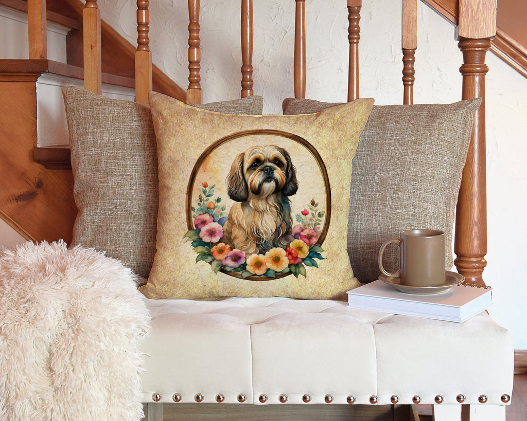 Lhasa Apso and Flowers Decorative Throw Pillow 14x14 Indoor Outdoor Accent Cushion, Fabric Cover with Insert for Sofa, Bed, Porch & Living Room