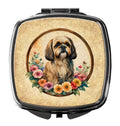 Lhasa Apso and Flowers Compact Mirror Decorative Travel Makeup Mirror for Women Girls Gifts Pocket Makeup Mirror Folding Handheld