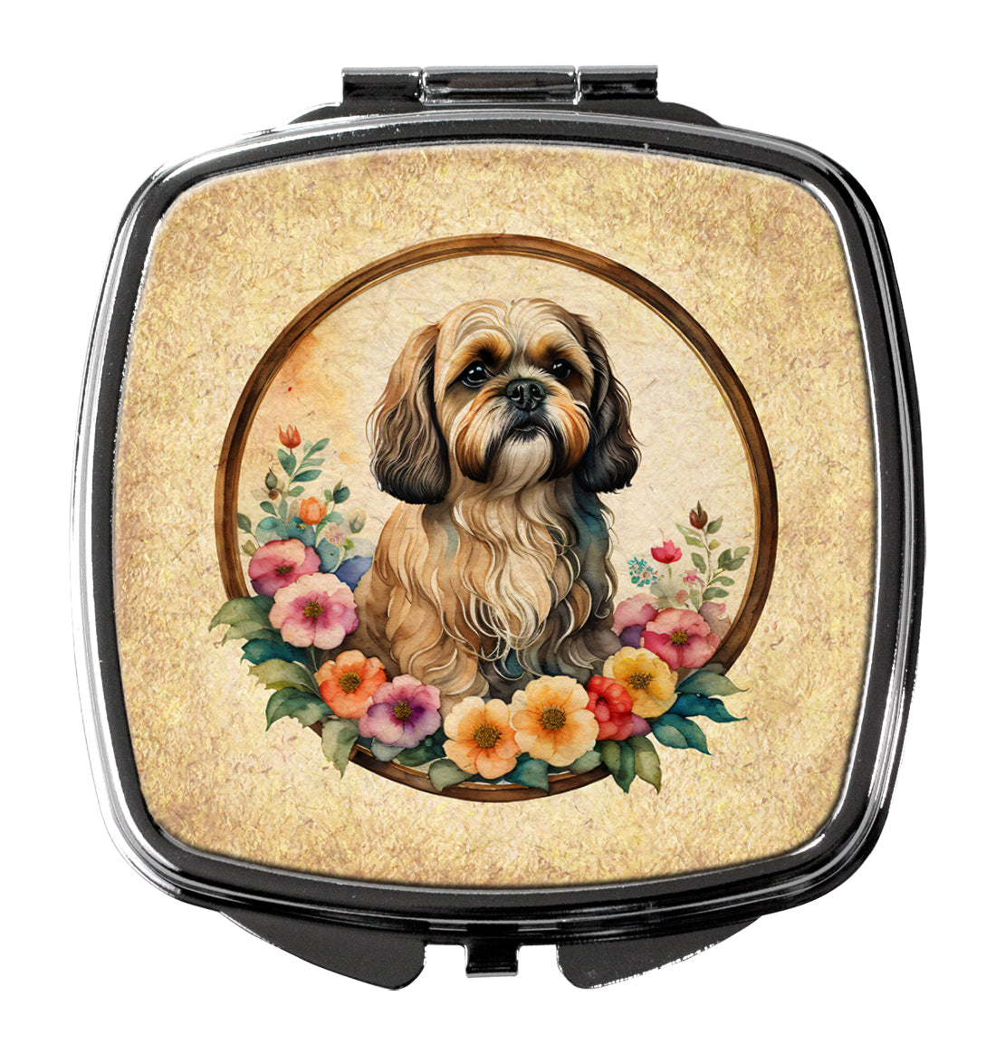 Lhasa Apso and Flowers Compact Mirror Decorative Travel Makeup Mirror for Women Girls Gifts Pocket Makeup Mirror Folding Handheld