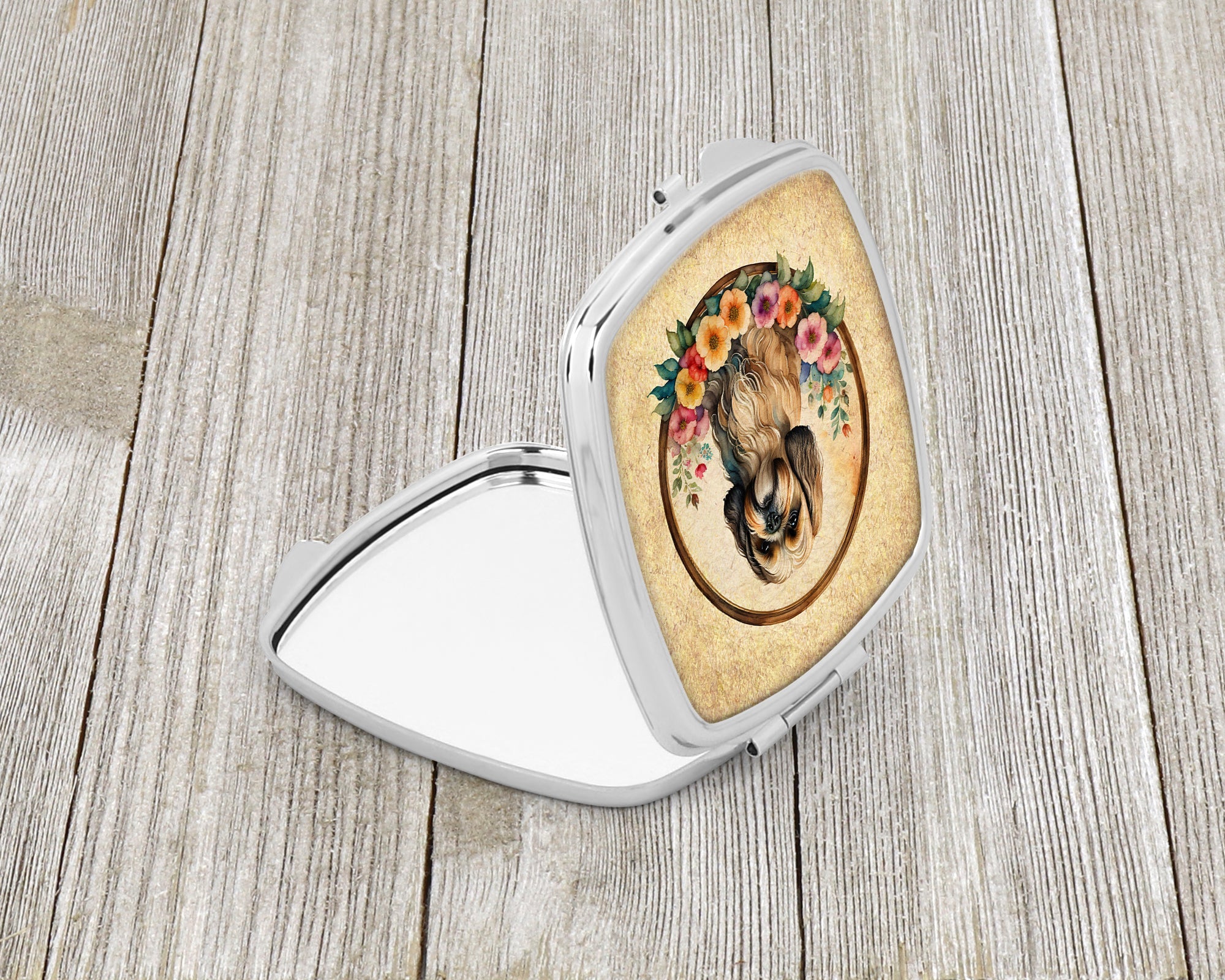 Lhasa Apso and Flowers Compact Mirror Decorative Travel Makeup Mirror for Women Girls Gifts Pocket Makeup Mirror Folding Handheld