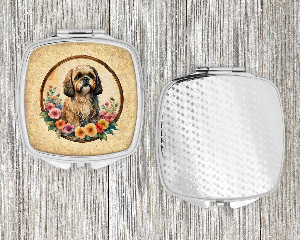 Lhasa Apso and Flowers Compact Mirror Decorative Travel Makeup Mirror for Women Girls Gifts Pocket Makeup Mirror Folding Handheld