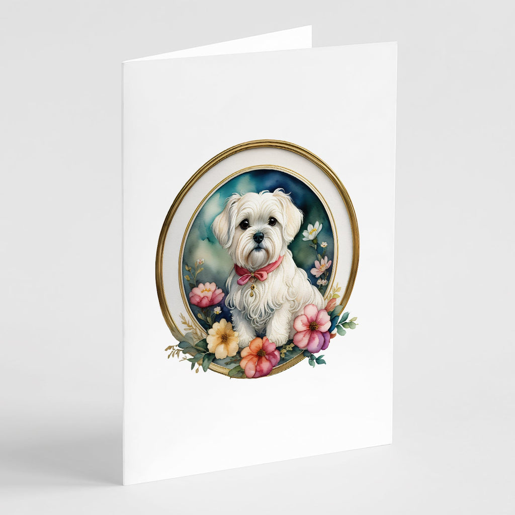 Maltese and Flowers Greeting Cards Pack of 8 Blank Cards with Envelopes Whimsical A7 Size 5x7