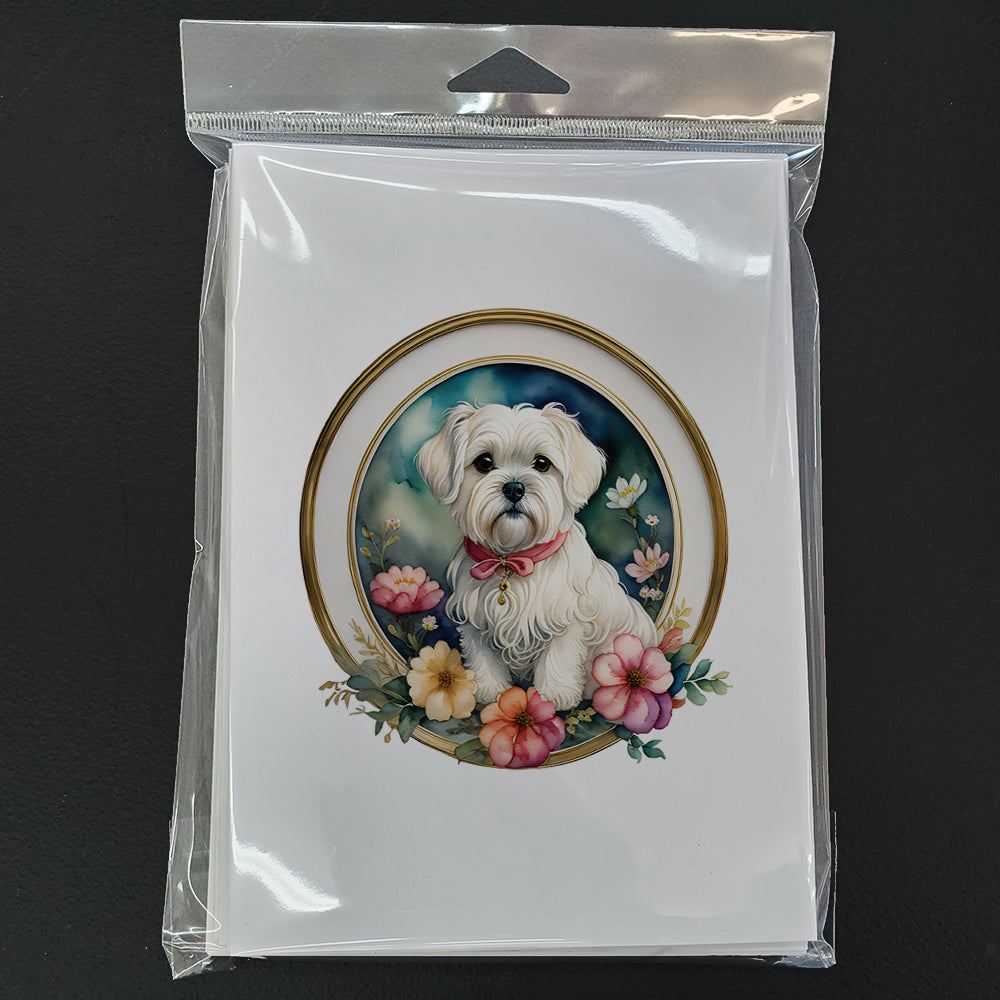 Maltese and Flowers Greeting Cards Pack of 8 Blank Cards with Envelopes Whimsical A7 Size 5x7