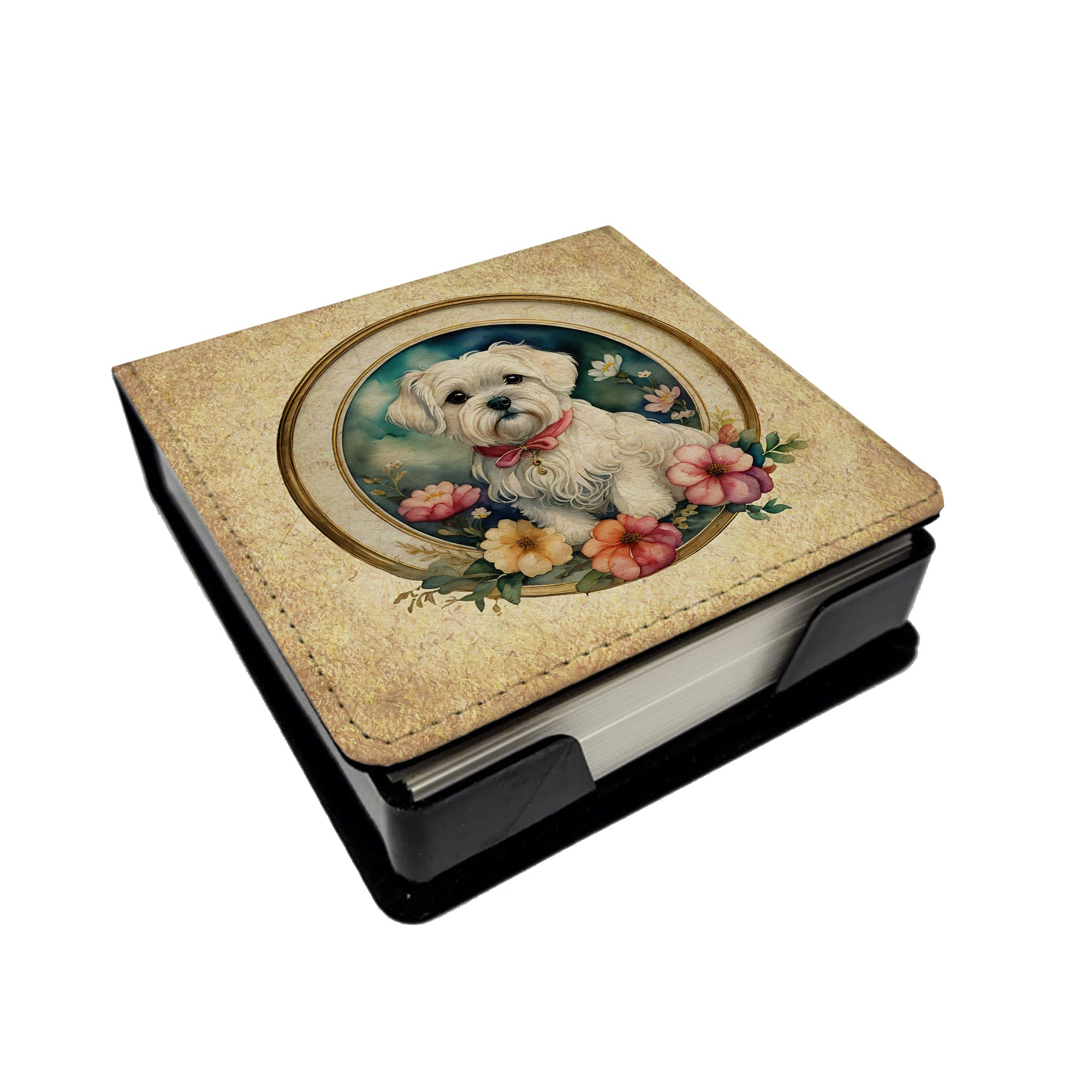 Maltese and Flowers PU Leather Note Paper Holder with Artist-Designed Cover, Desk Accessory, Office Gift