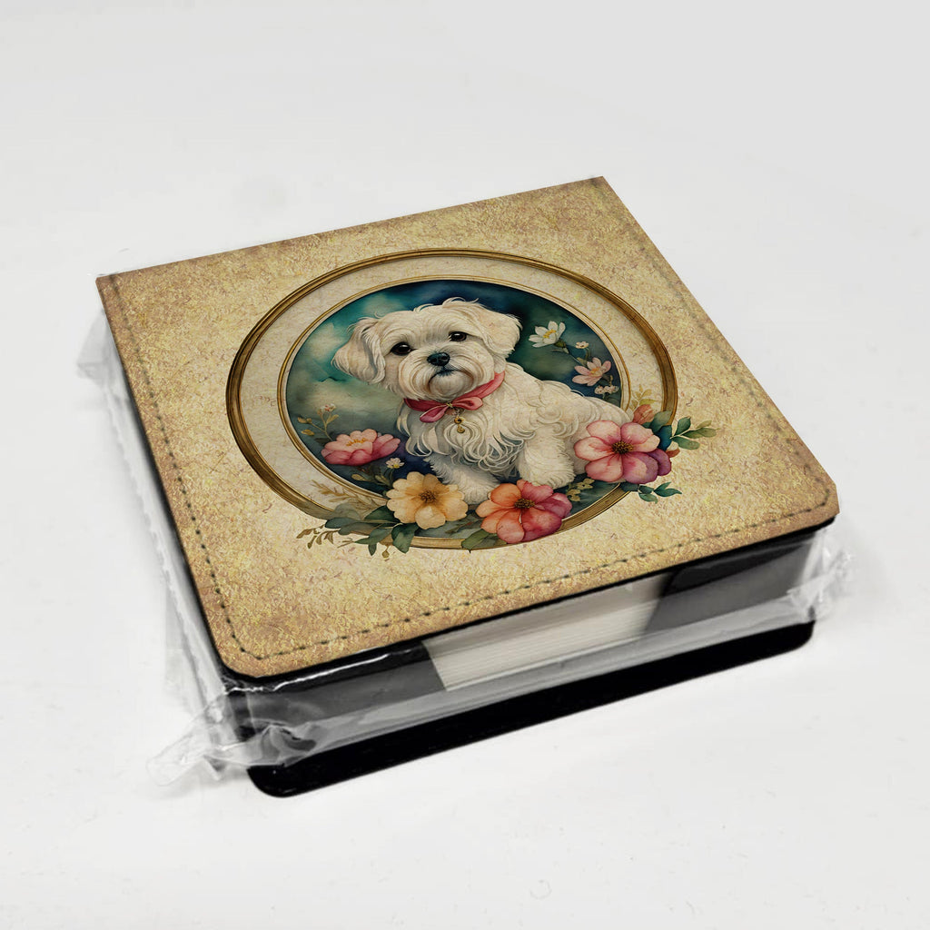Maltese and Flowers PU Leather Note Paper Holder with Artist-Designed Cover, Desk Accessory, Office Gift