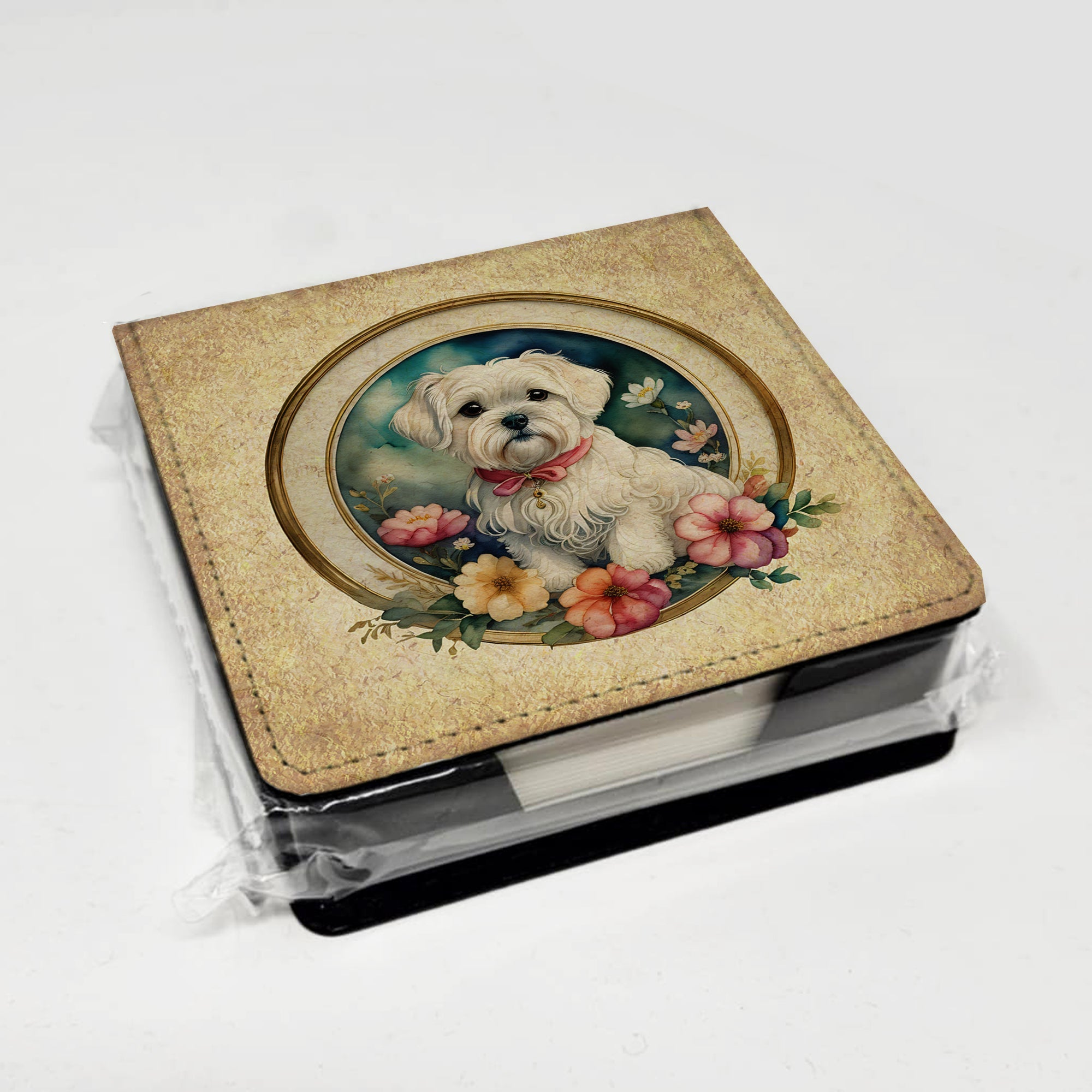 Maltese and Flowers PU Leather Note Paper Holder with Artist-Designed Cover, Desk Accessory, Office Gift