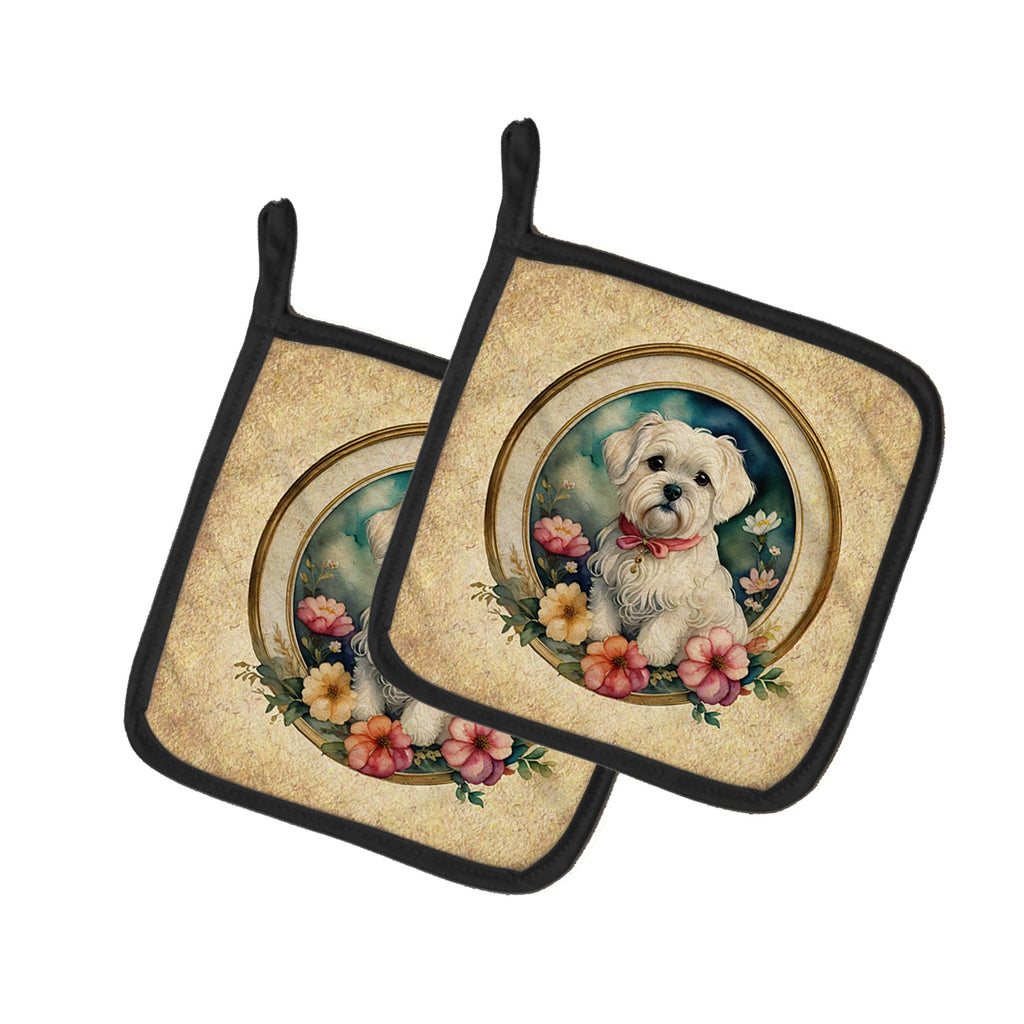 Maltese and Flowers Pot Holder Set of 2 Heat Resistant Quilted Hot Pads 7.5 x 7.5 Inch, Insulated Kitchen Trivets for Cooking & Baking