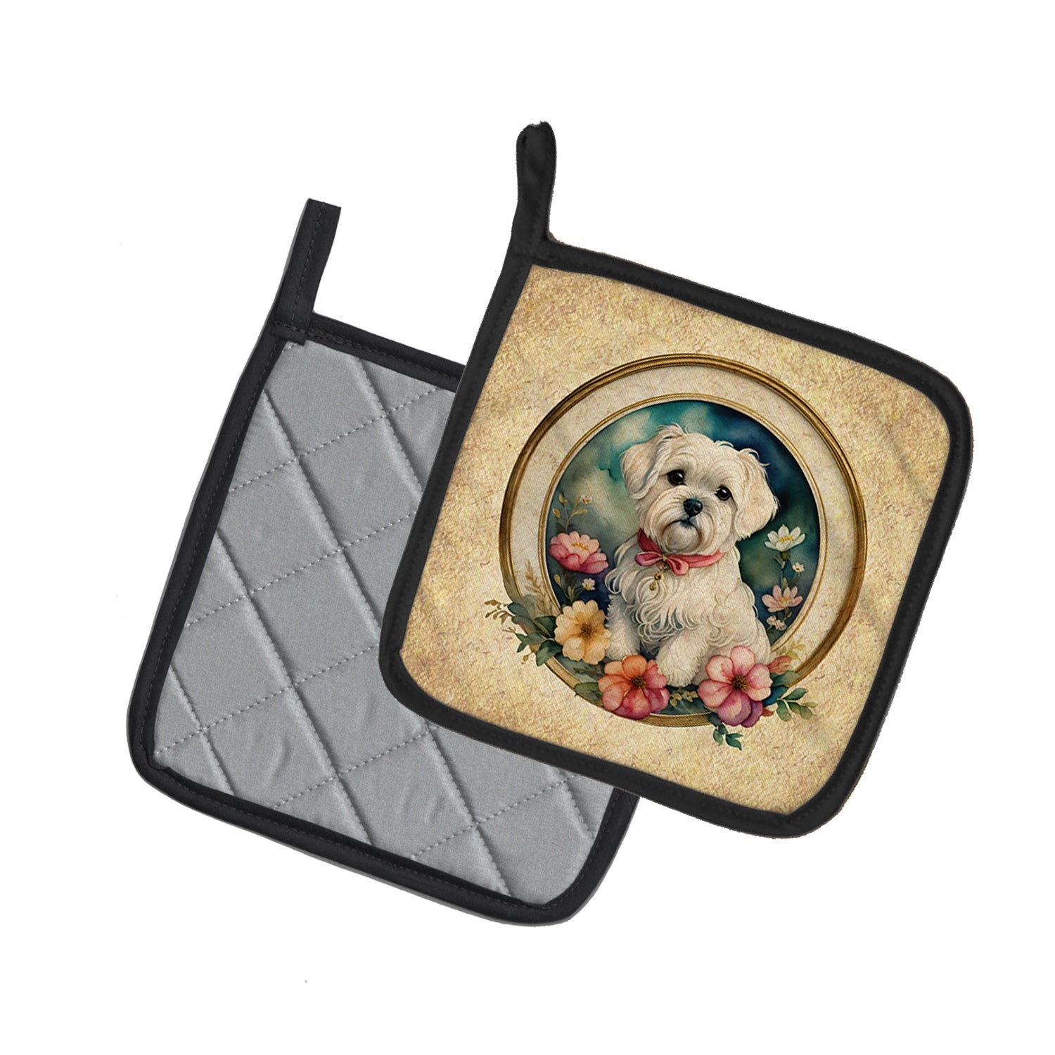 Maltese and Flowers Pot Holder Set of 2 Heat Resistant Quilted Hot Pads 7.5 x 7.5 Inch, Insulated Kitchen Trivets for Cooking & Baking