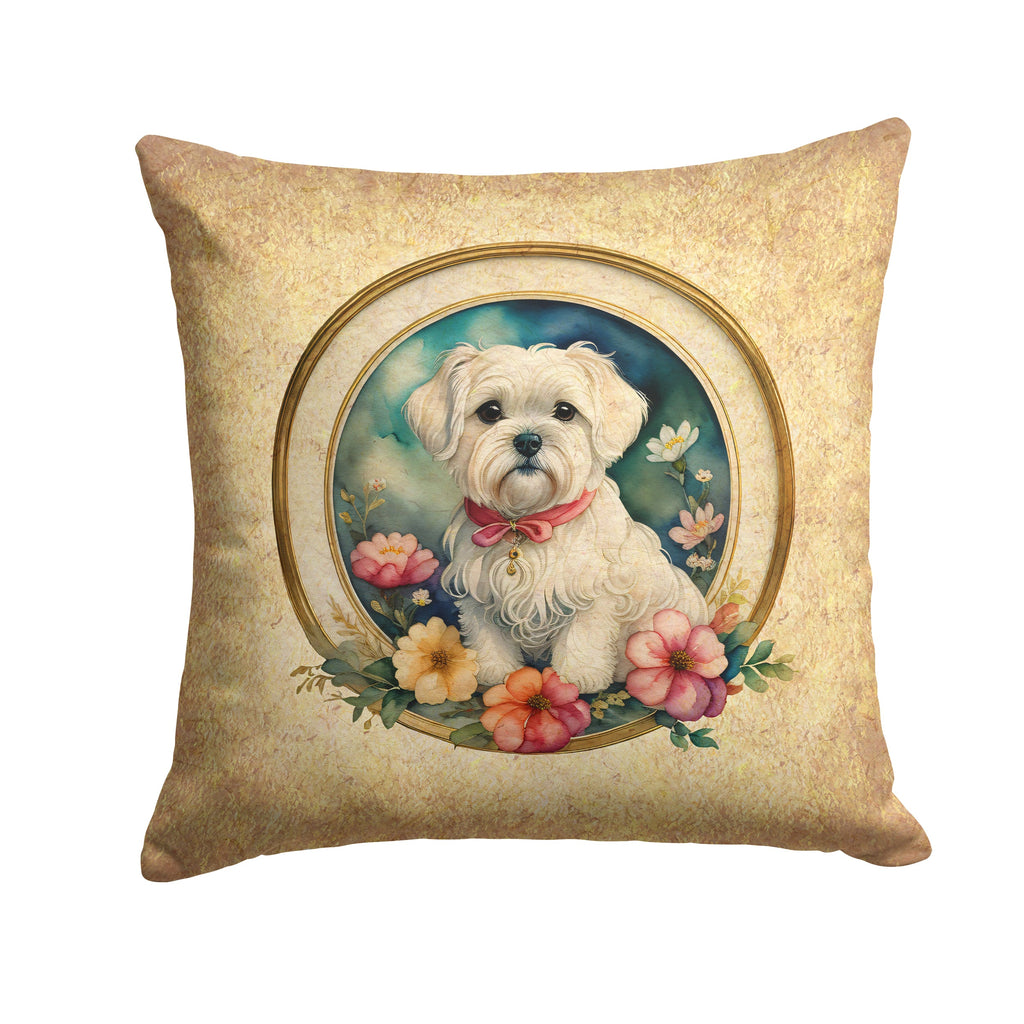 Maltese and Flowers Decorative Throw Pillow 14x14 Indoor Outdoor Accent Cushion, Fabric Cover with Insert for Sofa, Bed, Porch & Living Room