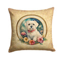 Maltese and Flowers Decorative Throw Pillow 14x14 Indoor Outdoor Accent Cushion, Fabric Cover with Insert for Sofa, Bed, Porch & Living Room