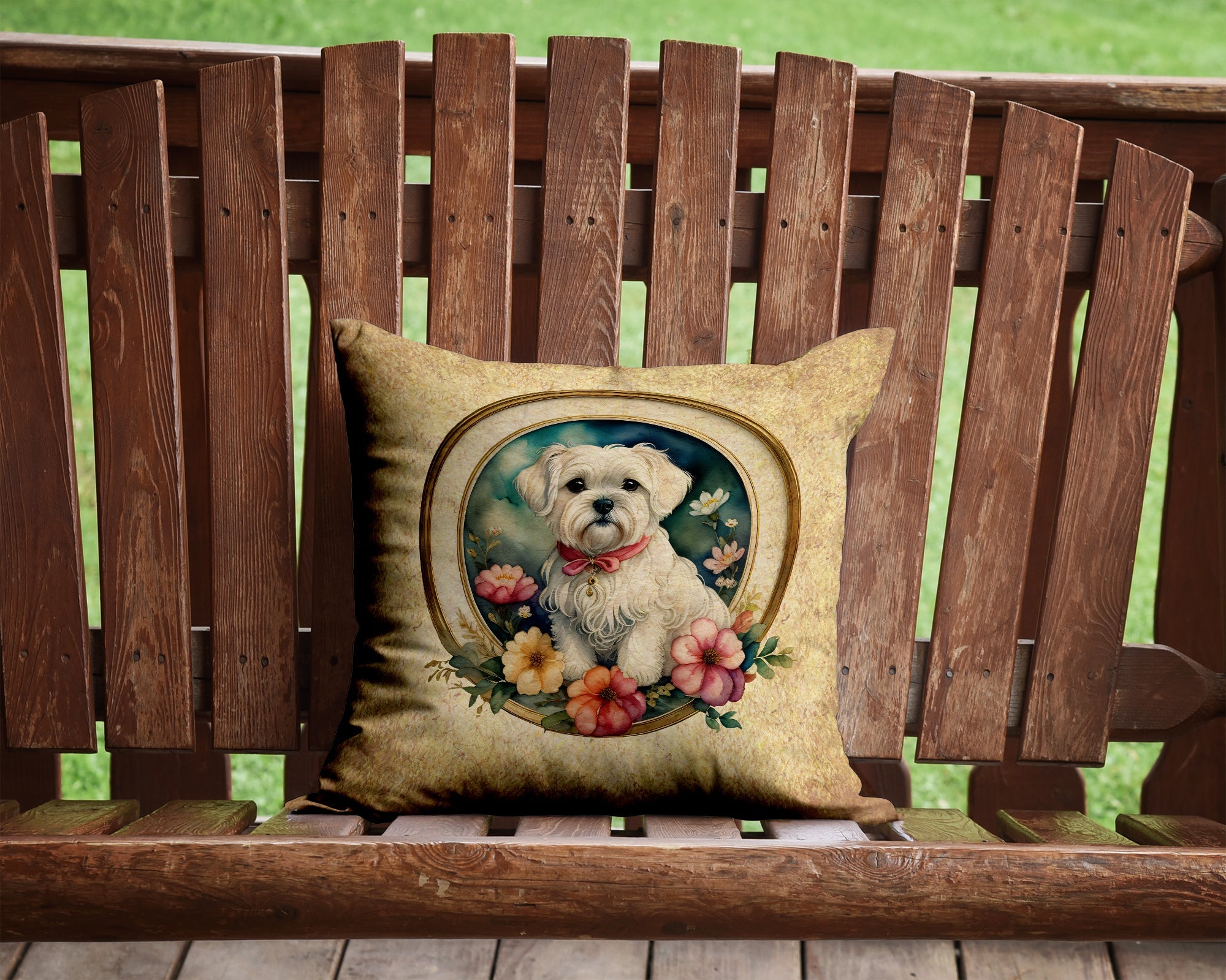 Maltese and Flowers Decorative Throw Pillow 14x14 Indoor Outdoor Accent Cushion, Fabric Cover with Insert for Sofa, Bed, Porch & Living Room