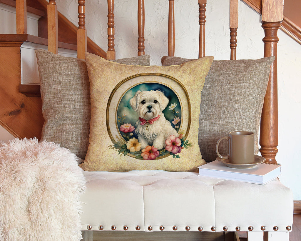 Maltese and Flowers Decorative Throw Pillow 14x14 Indoor Outdoor Accent Cushion, Fabric Cover with Insert for Sofa, Bed, Porch & Living Room