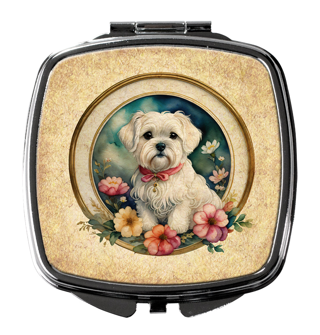 Maltese and Flowers Compact Mirror Decorative Travel Makeup Mirror for Women Girls Gifts Pocket Makeup Mirror Folding Handheld