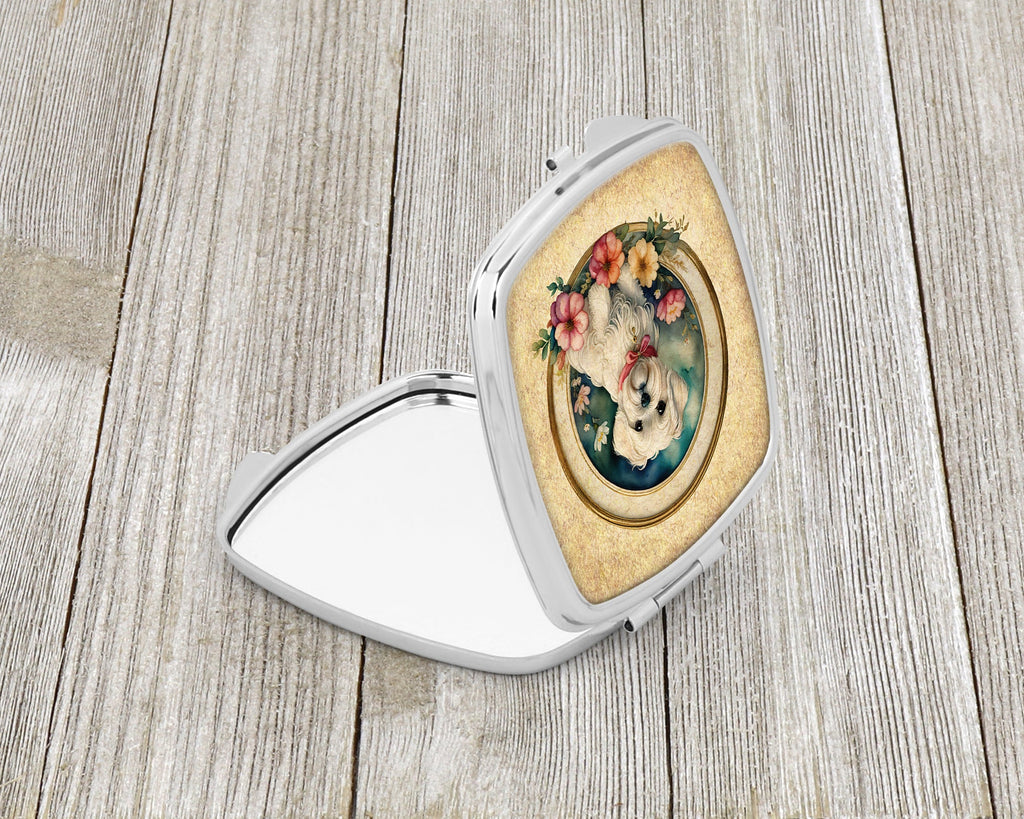Maltese and Flowers Compact Mirror Decorative Travel Makeup Mirror for Women Girls Gifts Pocket Makeup Mirror Folding Handheld
