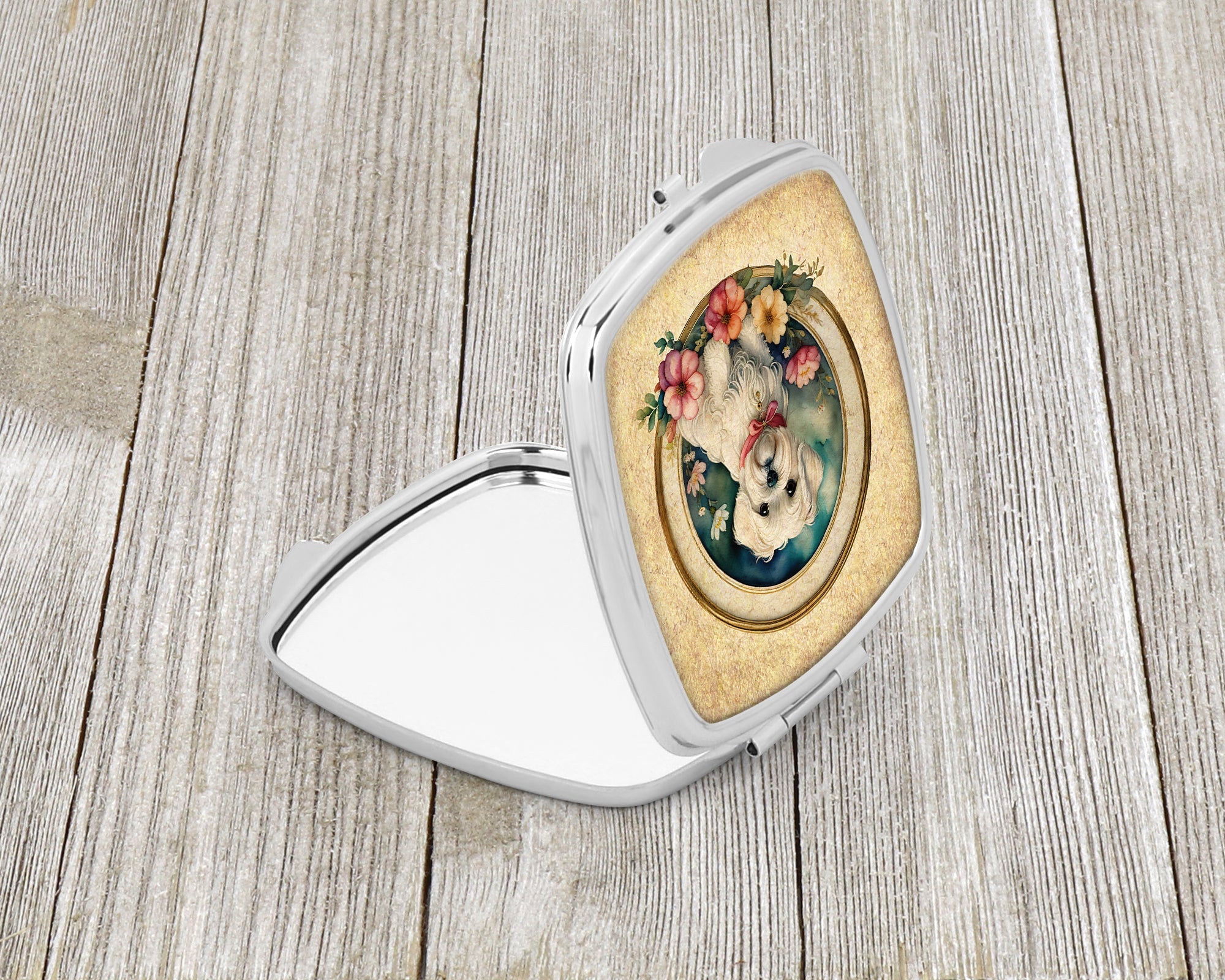 Maltese and Flowers Compact Mirror Decorative Travel Makeup Mirror for Women Girls Gifts Pocket Makeup Mirror Folding Handheld