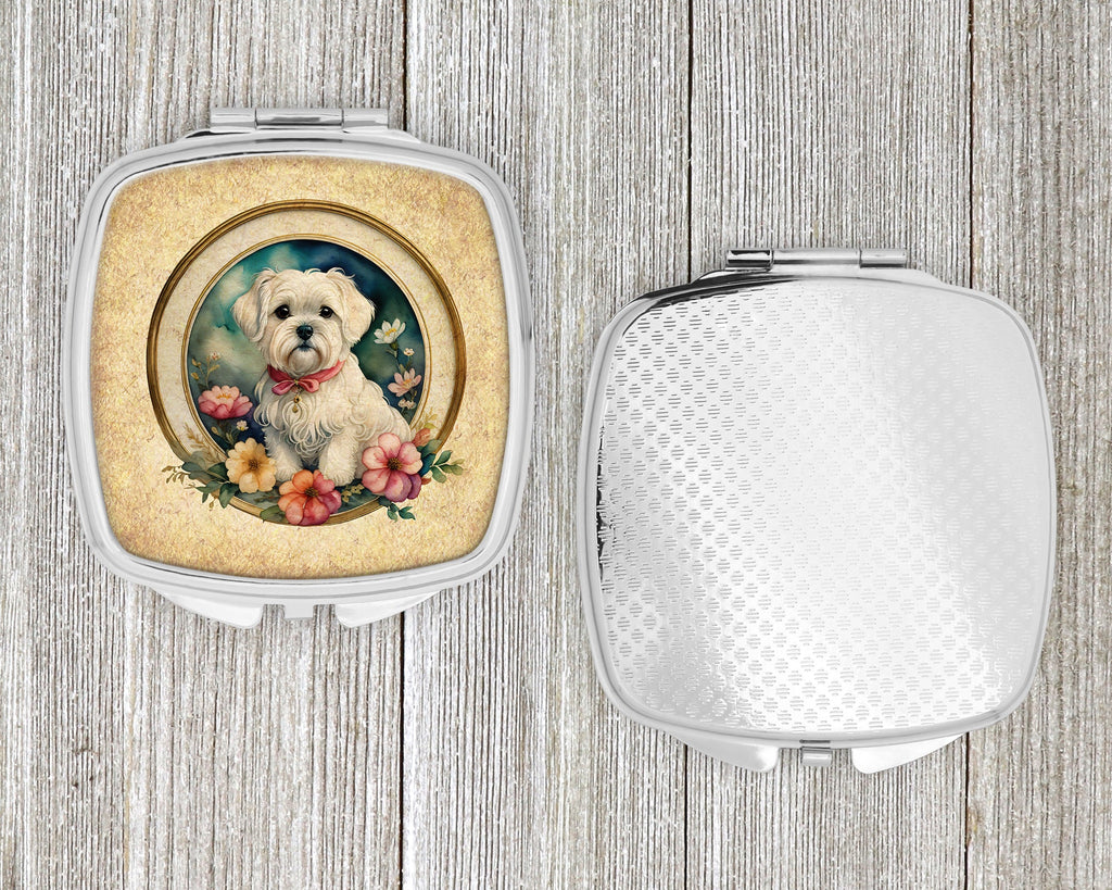 Maltese and Flowers Compact Mirror Decorative Travel Makeup Mirror for Women Girls Gifts Pocket Makeup Mirror Folding Handheld