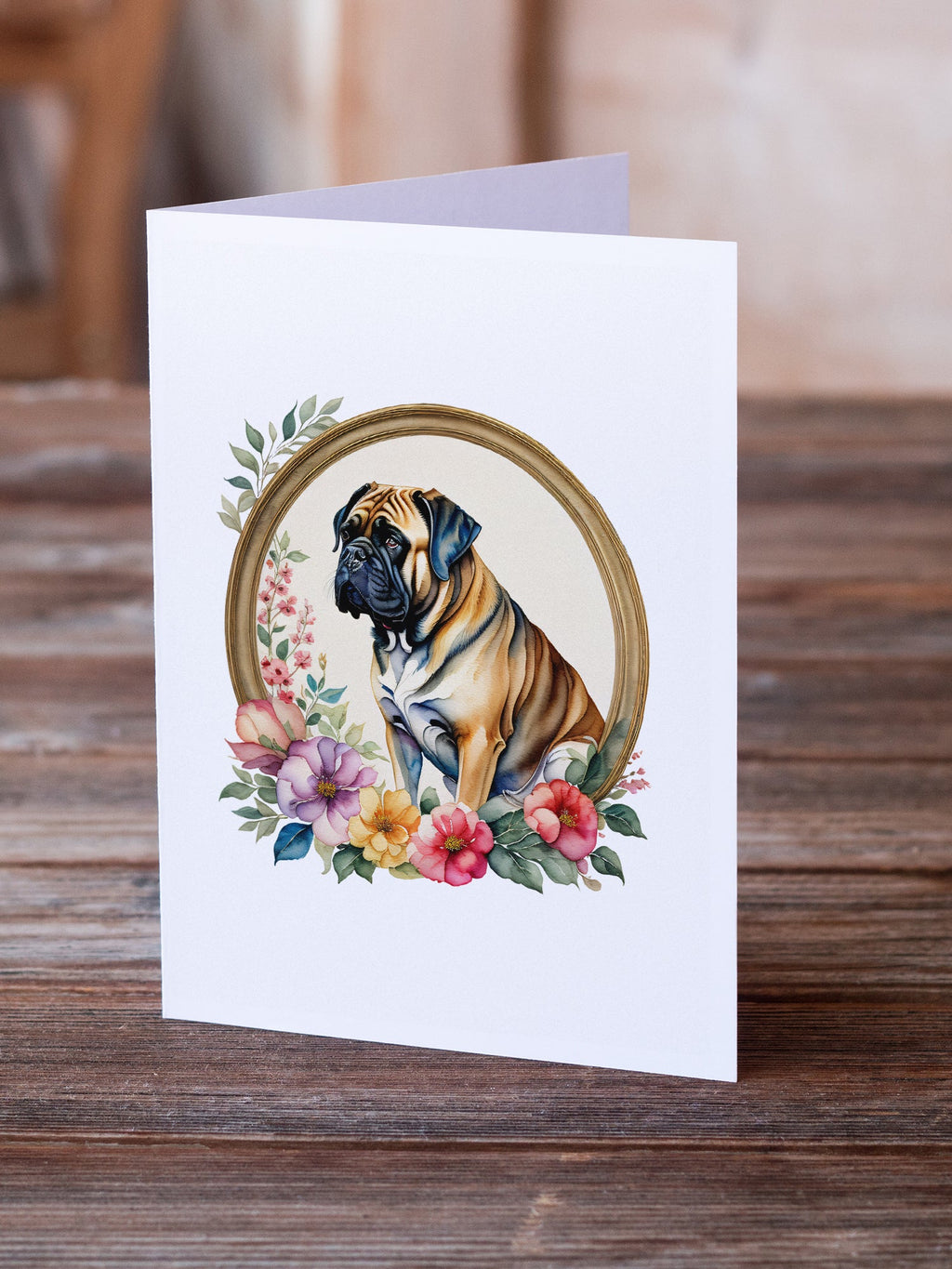 Mastiff and Flowers Greeting Cards Pack of 8 Blank Cards with Envelopes Whimsical A7 Size 5x7