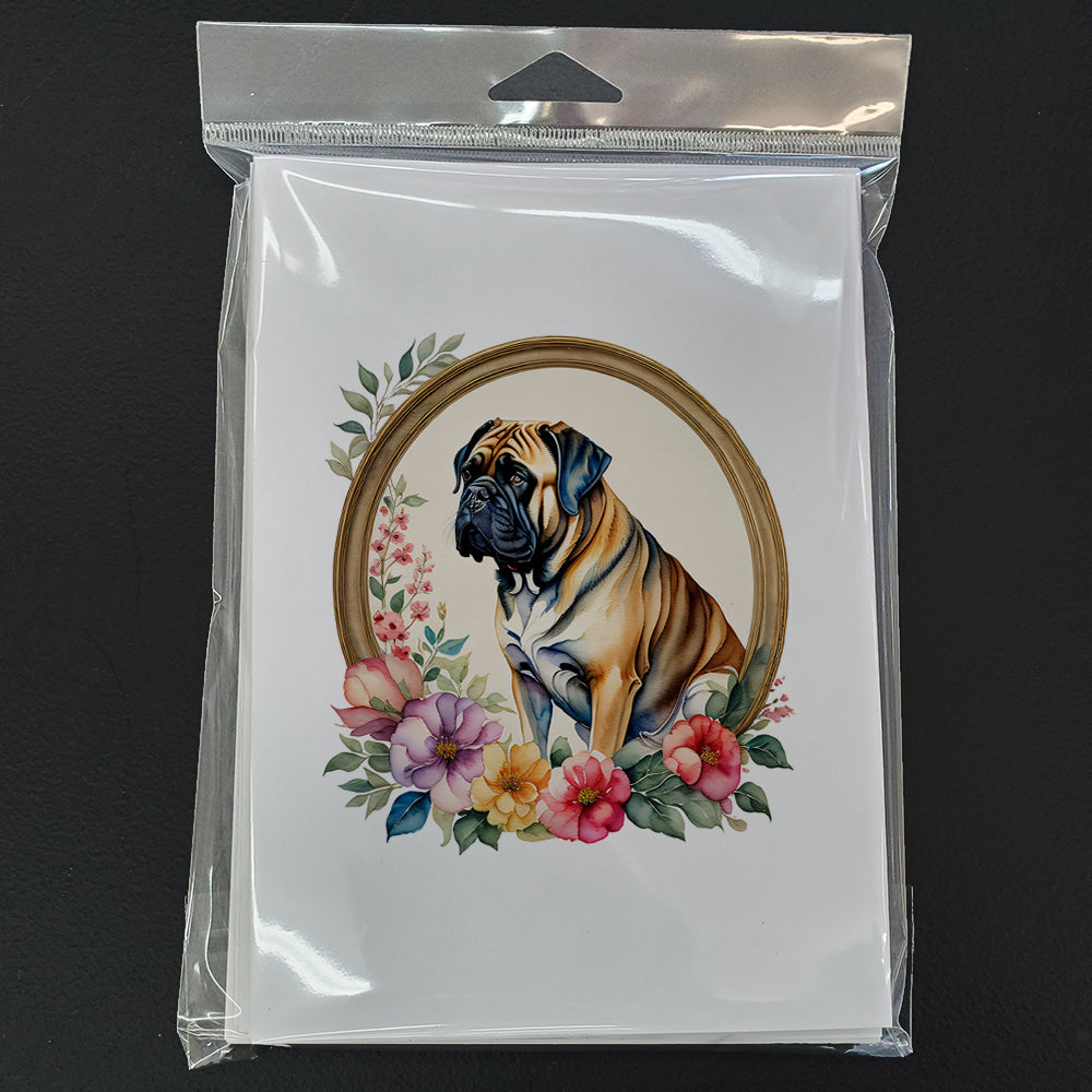 Mastiff and Flowers Greeting Cards Pack of 8 Blank Cards with Envelopes Whimsical A7 Size 5x7