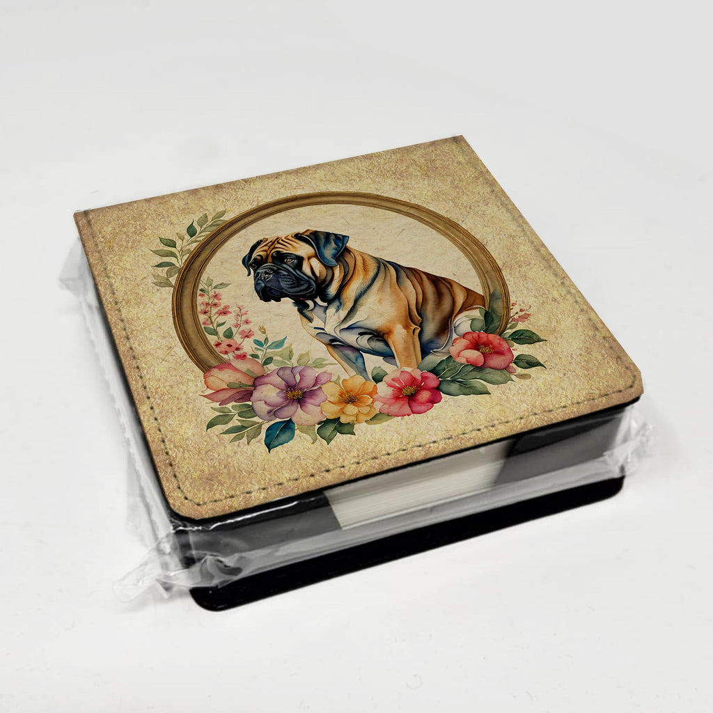 Mastiff and Flowers PU Leather Note Paper Holder with Artist-Designed Cover, Desk Accessory, Office Gift