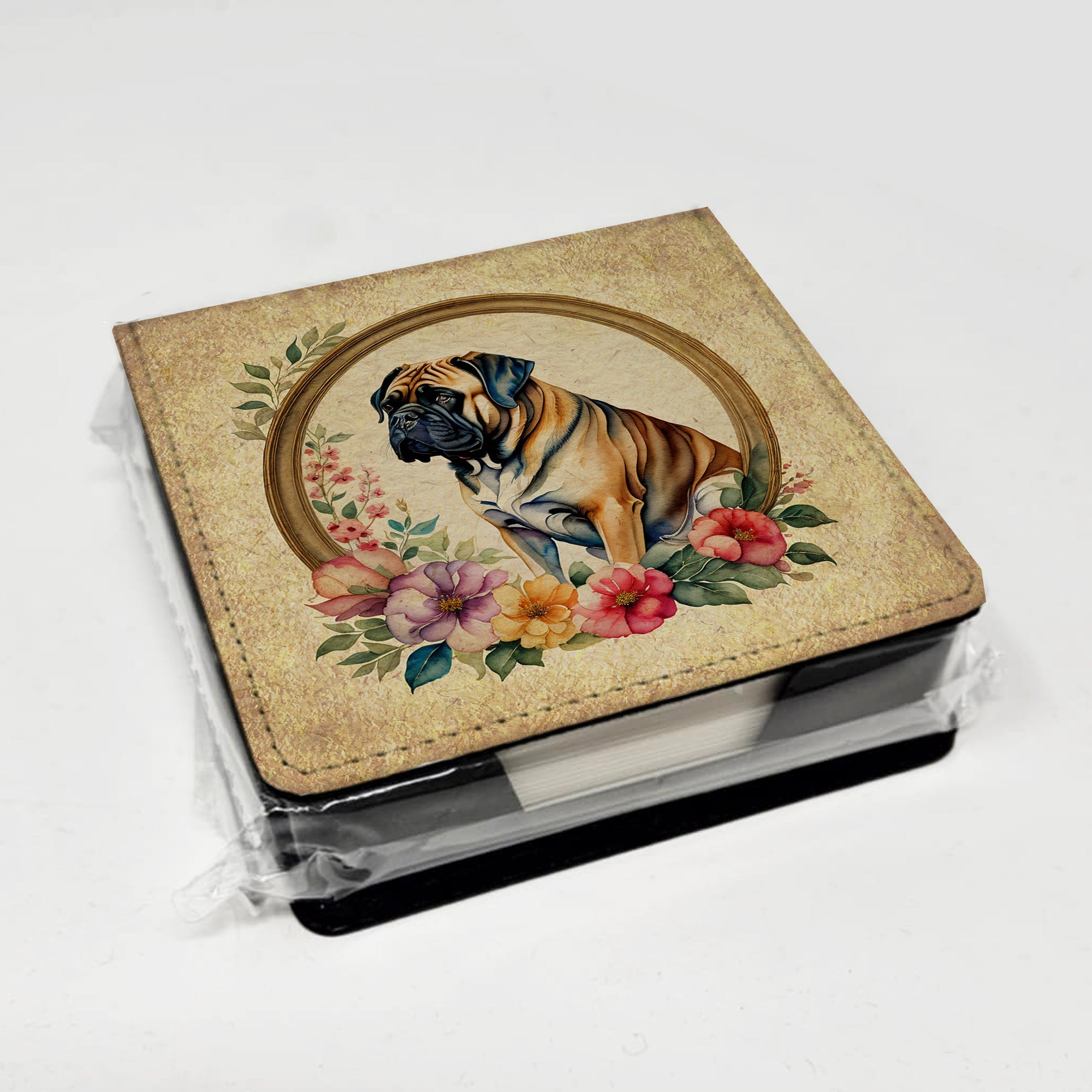 Mastiff and Flowers PU Leather Note Paper Holder with Artist-Designed Cover, Desk Accessory, Office Gift