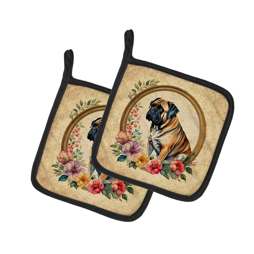 Mastiff and Flowers Pot Holder Set of 2 Heat Resistant Quilted Hot Pads 7.5 x 7.5 Inch, Insulated Kitchen Trivets for Cooking & Baking