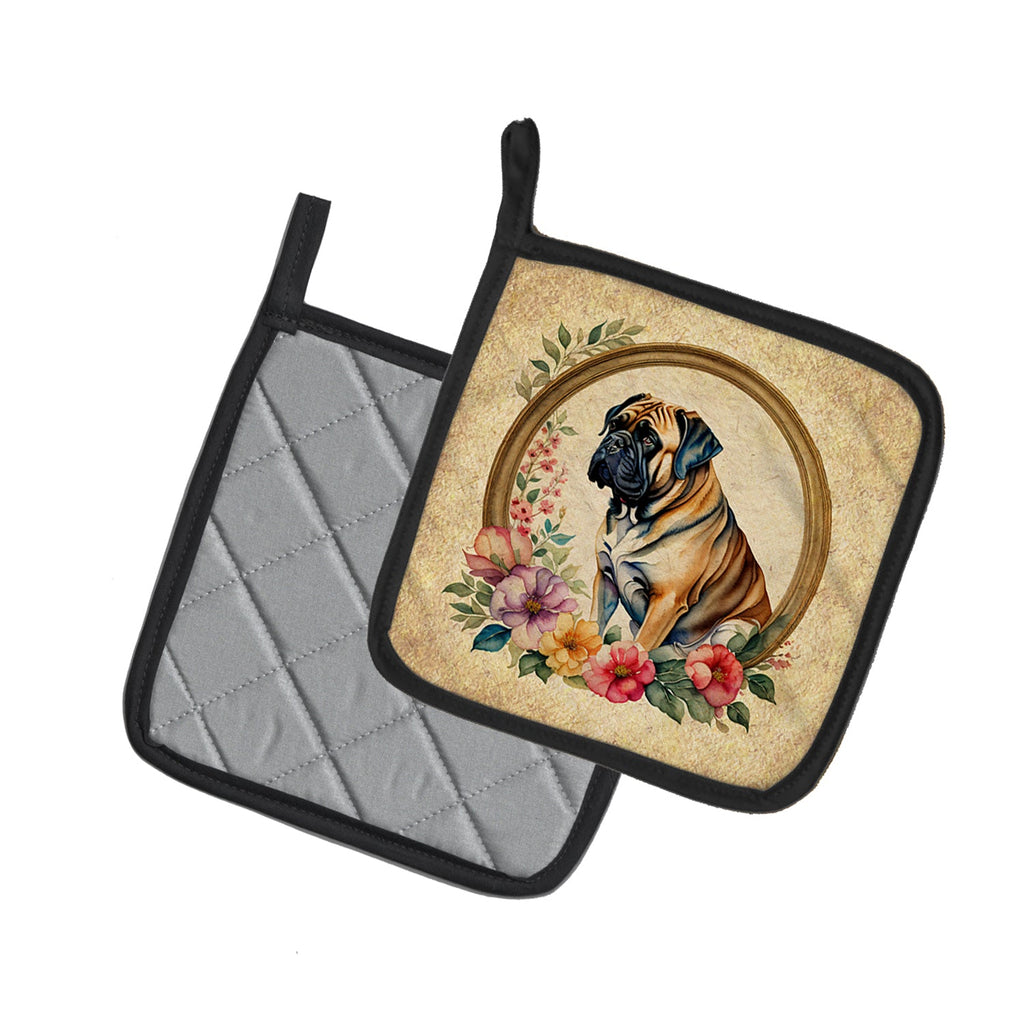 Mastiff and Flowers Pot Holder Set of 2 Heat Resistant Quilted Hot Pads 7.5 x 7.5 Inch, Insulated Kitchen Trivets for Cooking & Baking