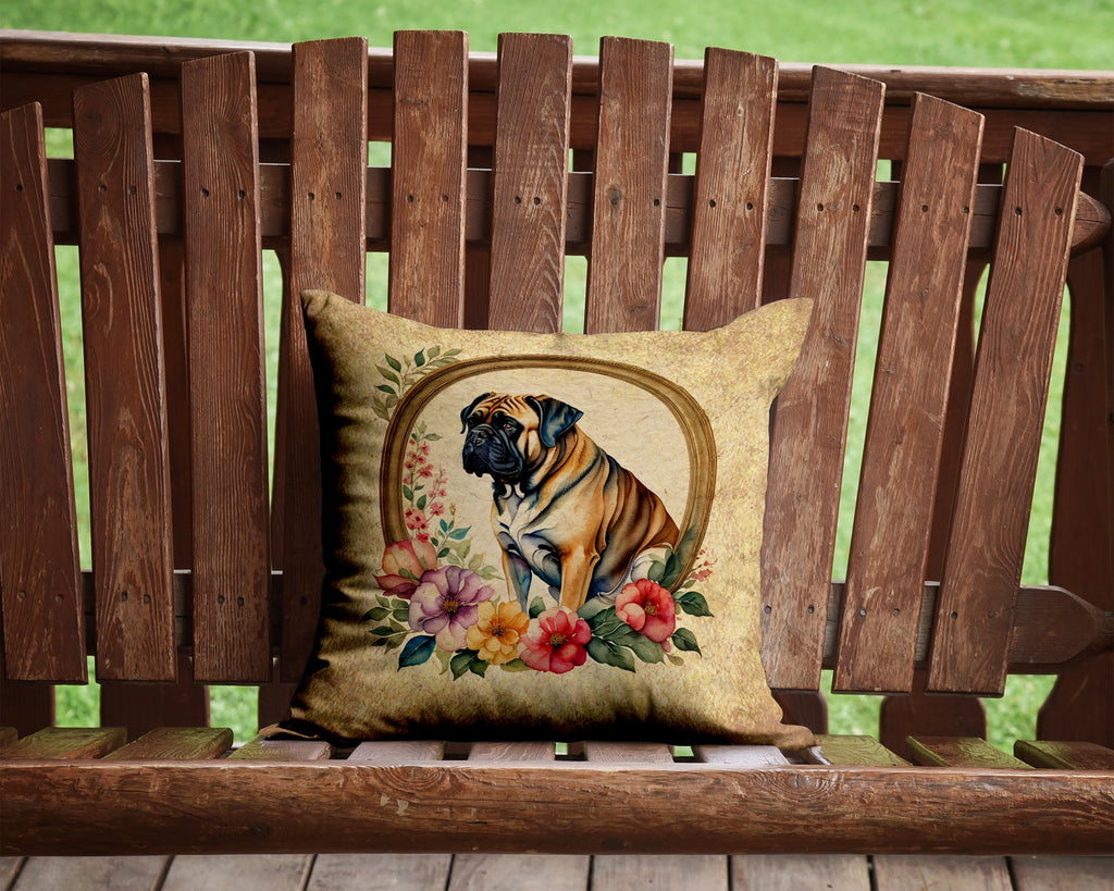 Mastiff and Flowers Decorative Throw Pillow 14x14 Indoor Outdoor Accent Cushion, Fabric Cover with Insert for Sofa, Bed, Porch & Living Room