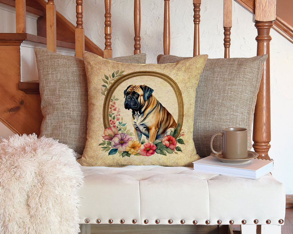Mastiff and Flowers Decorative Throw Pillow 14x14 Indoor Outdoor Accent Cushion, Fabric Cover with Insert for Sofa, Bed, Porch & Living Room