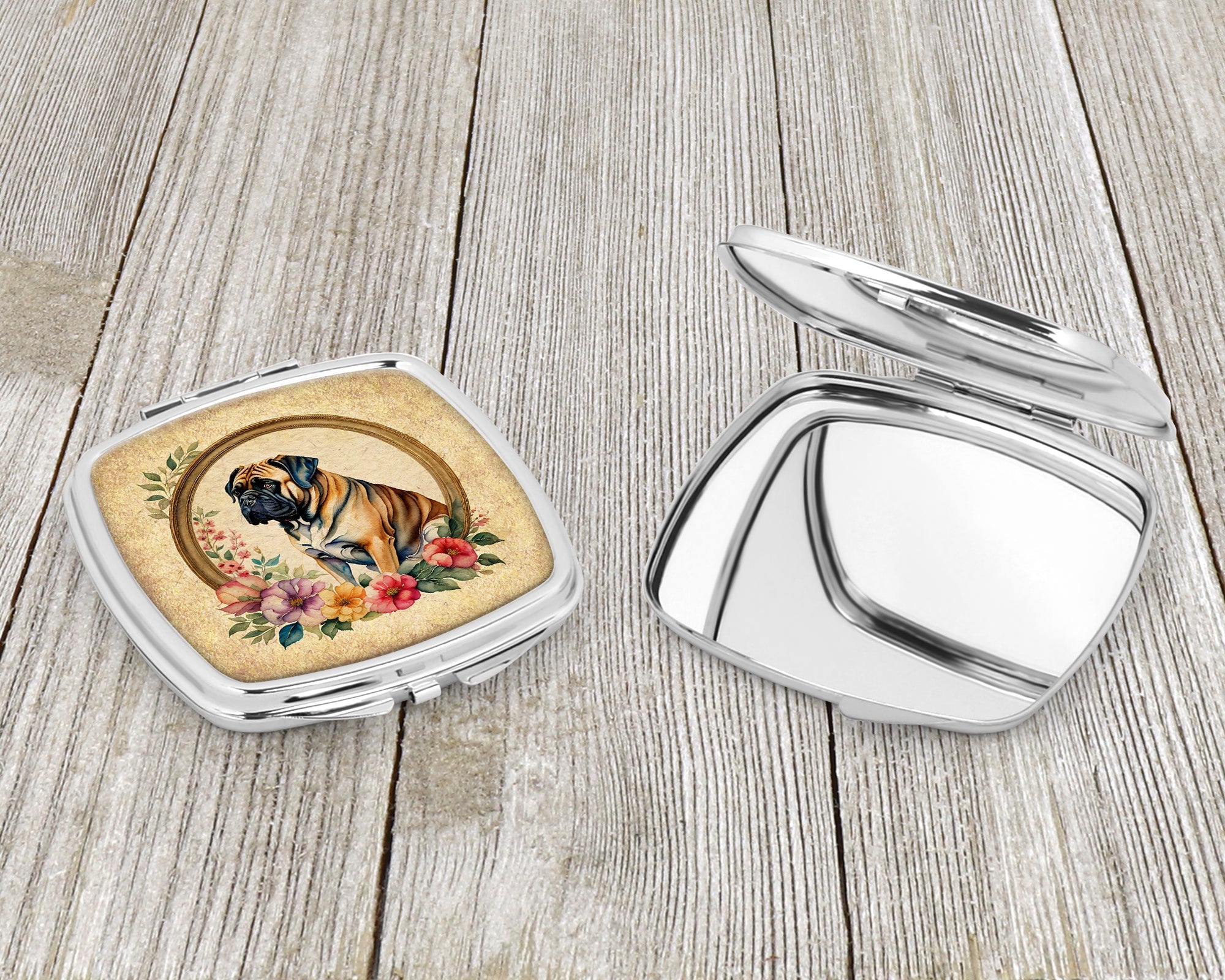 Mastiff and Flowers Compact Mirror Decorative Travel Makeup Mirror for Women Girls Gifts Pocket Makeup Mirror Folding Handheld