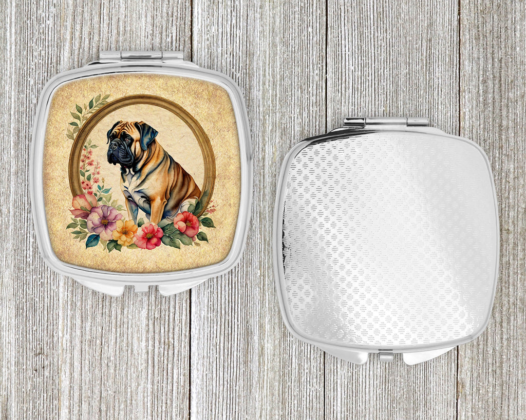 Mastiff and Flowers Compact Mirror Decorative Travel Makeup Mirror for Women Girls Gifts Pocket Makeup Mirror Folding Handheld