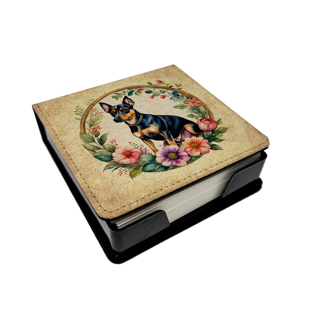 Miniature Pinscher and Flowers PU Leather Note Paper Holder with Artist-Designed Cover, Desk Accessory, Office Gift