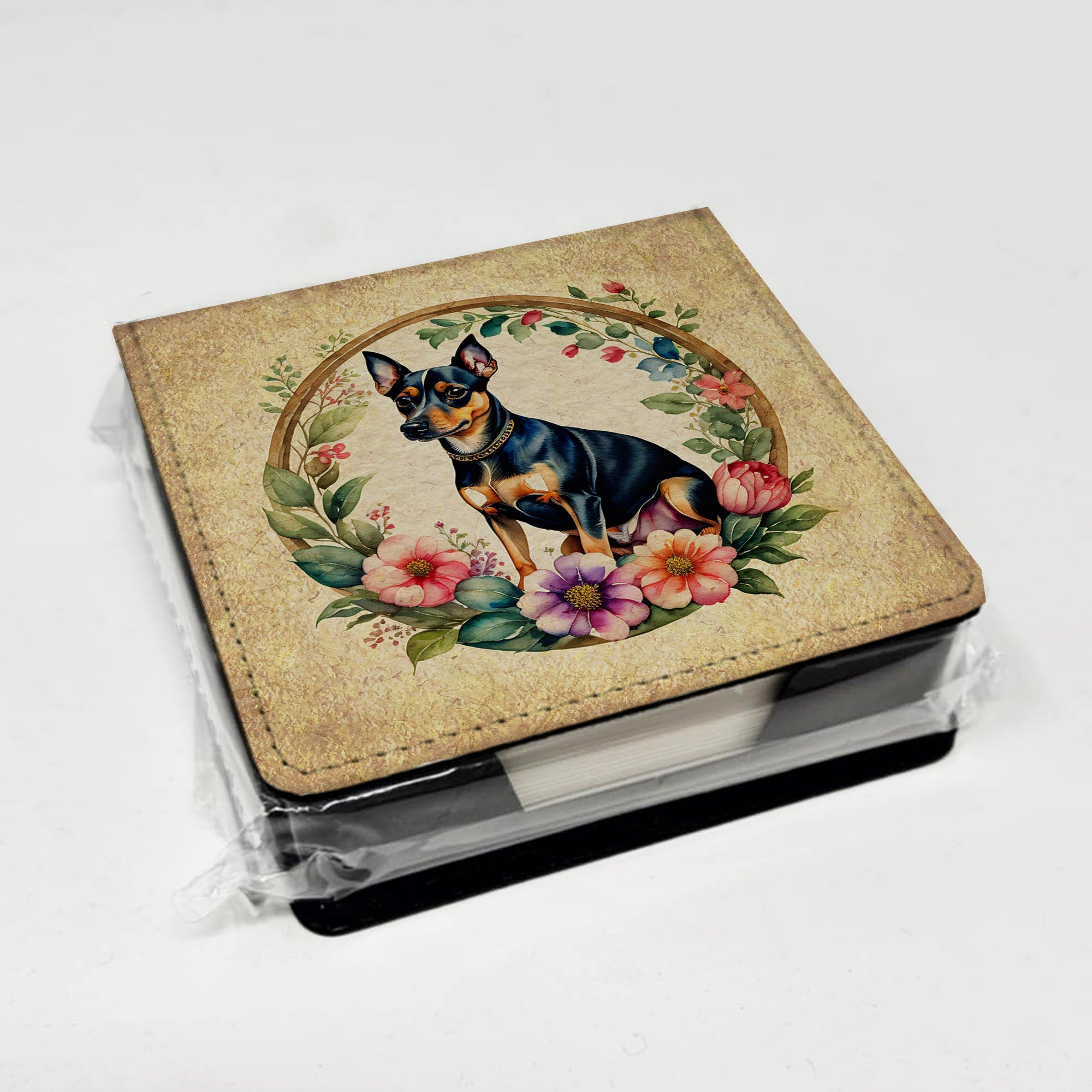 Miniature Pinscher and Flowers PU Leather Note Paper Holder with Artist-Designed Cover, Desk Accessory, Office Gift
